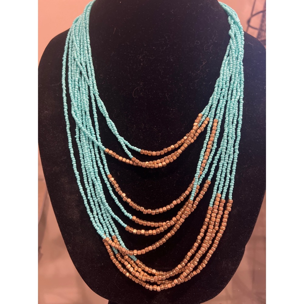 Southwestern Boho Turquoise Blue Gold Seed Bead Multi Strand Necklace